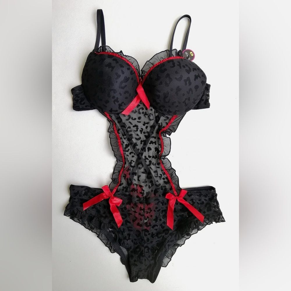 Elegant Black and Red Lace Bodysuit